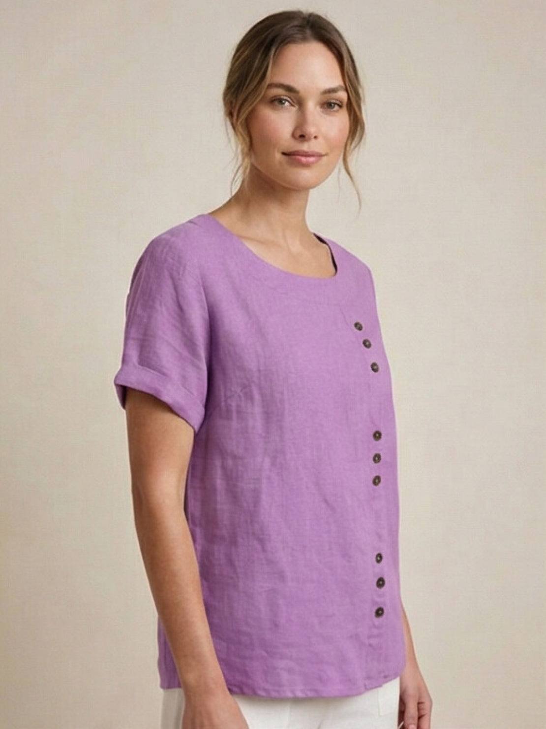 Rosalie | Women Linen Round Neck Blouse with Button Detail