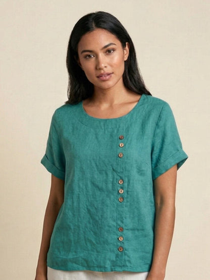 Rosalie | Women Linen Round Neck Blouse with Button Detail