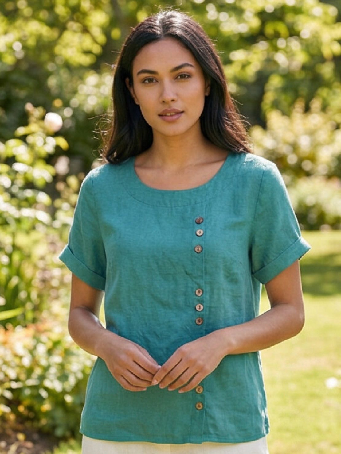 Rosalie | Women Linen Round Neck Blouse with Button Detail