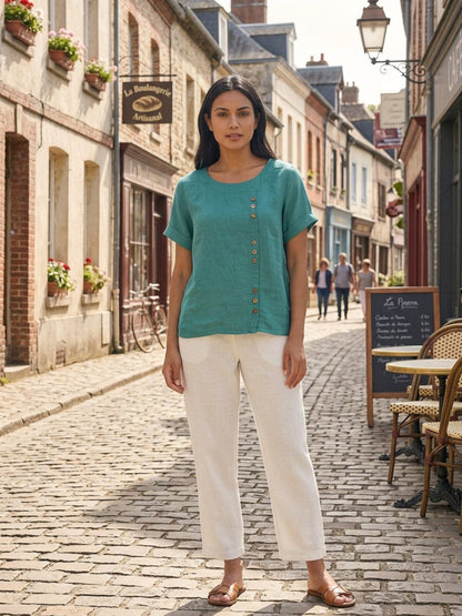 Rosalie | Women Linen Round Neck Blouse with Button Detail