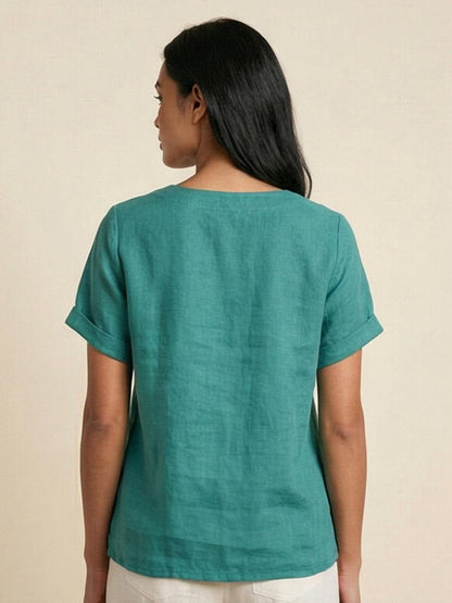 Rosalie | Women Linen Round Neck Blouse with Button Detail