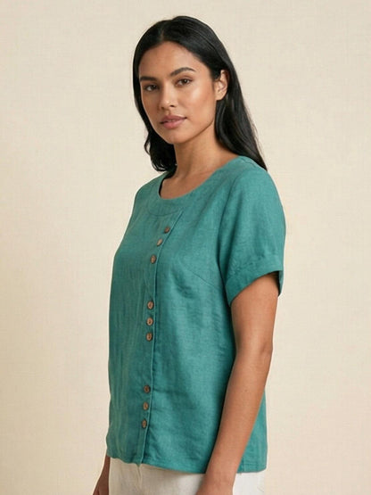 Rosalie | Women Linen Round Neck Blouse with Button Detail