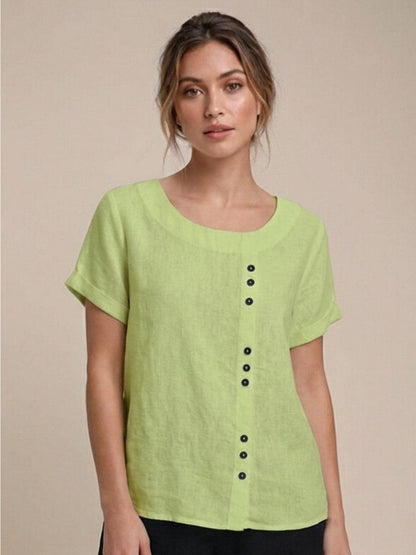 Rosalie | Women Linen Round Neck Blouse with Button Detail