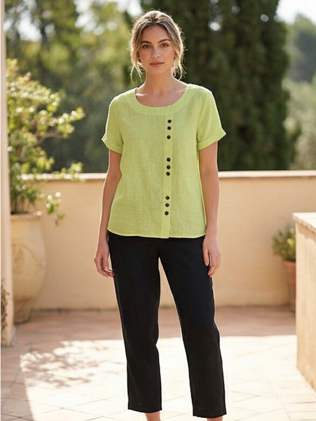 Rosalie | Women Linen Round Neck Blouse with Button Detail