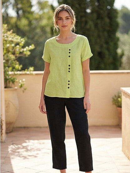 Rosalie | Women Linen Round Neck Blouse with Button Detail