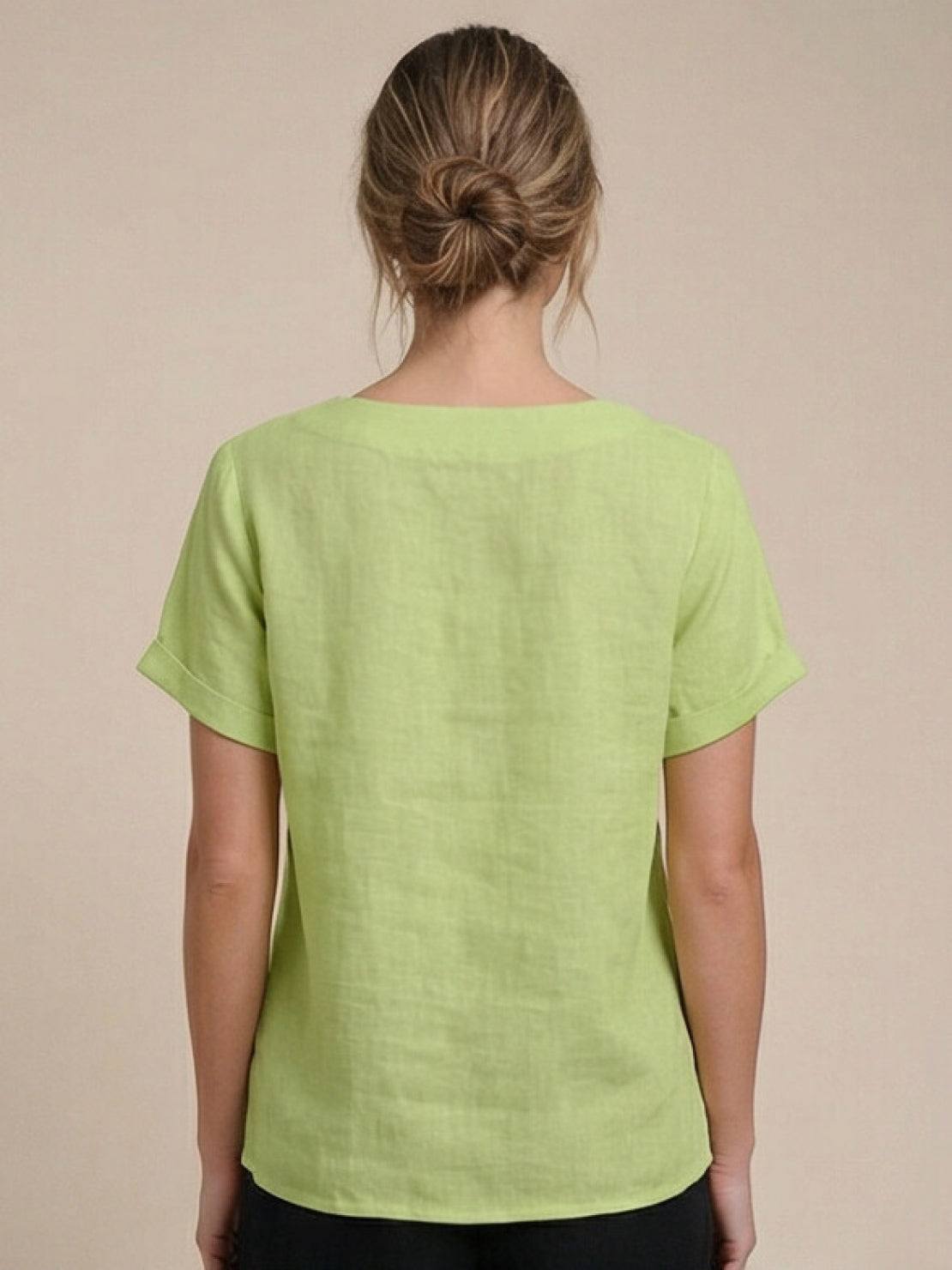 Rosalie | Women Linen Round Neck Blouse with Button Detail