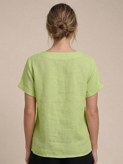 Rosalie | Women Linen Round Neck Blouse with Button Detail