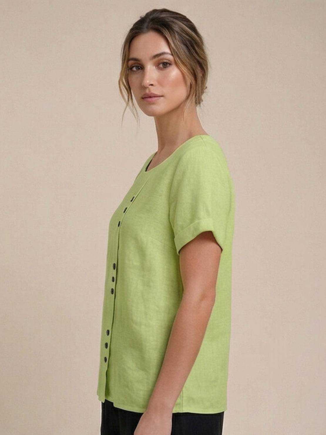 Rosalie | Women Linen Round Neck Blouse with Button Detail