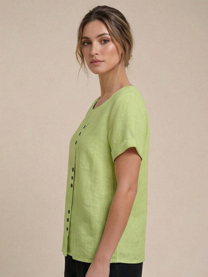 Rosalie | Women Linen Round Neck Blouse with Button Detail