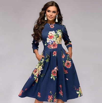 Brielle | Elegant retro floral midi dress with long sleeves