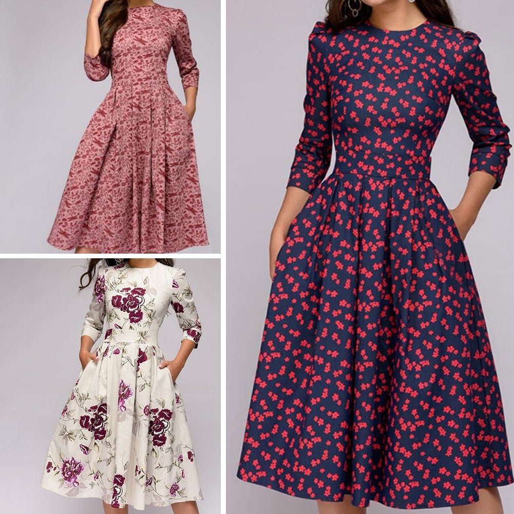 Brielle | Elegant retro floral midi dress with long sleeves
