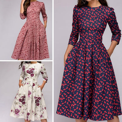 Brielle | Elegant retro floral midi dress with long sleeves