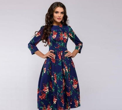Brielle | Elegant retro floral midi dress with long sleeves