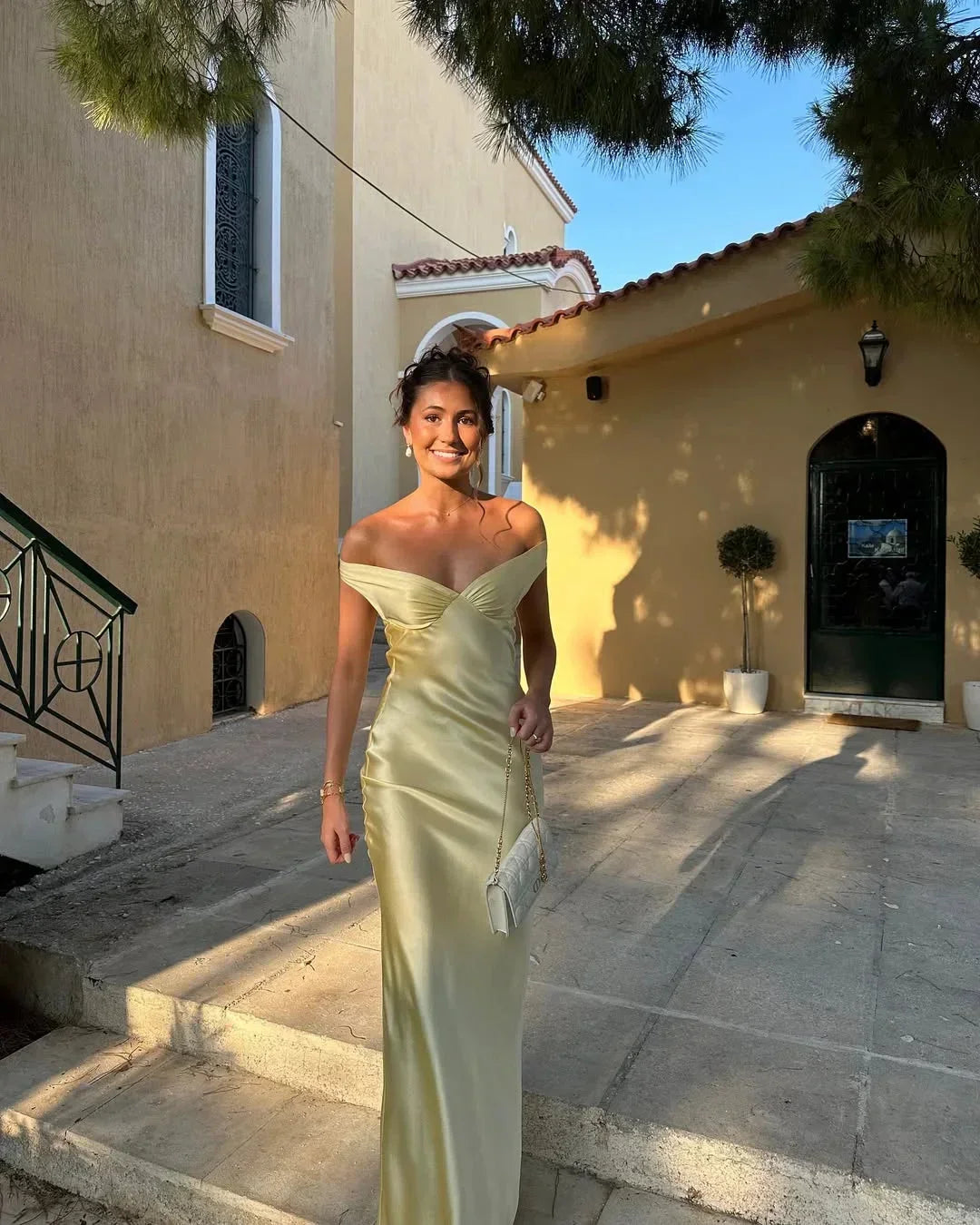 Madeline | Women’s satin maxi dress with off shoulder fit
