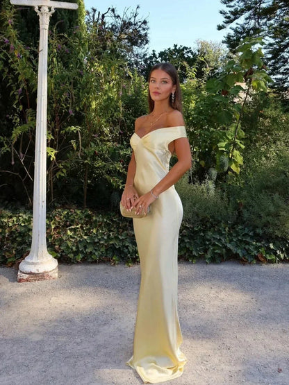 Madeline | Women’s satin maxi dress with off shoulder fit