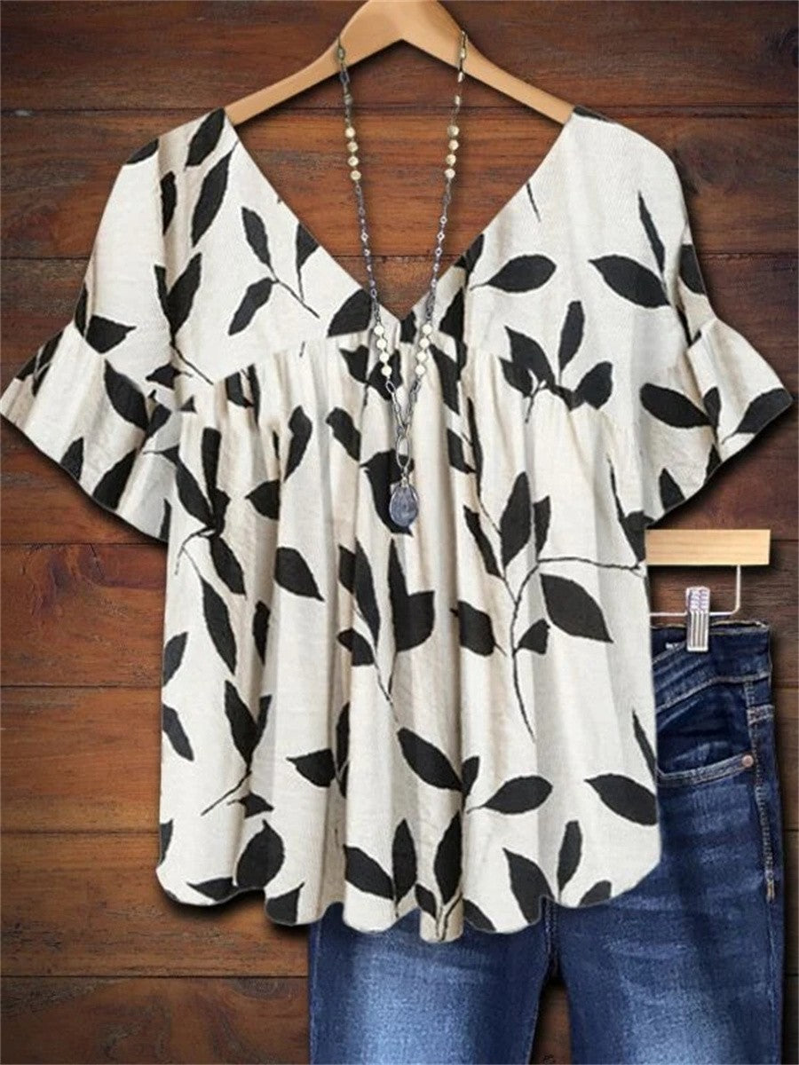 Vanessa | Women’s Leaf Print Blouse With Short Sleeve