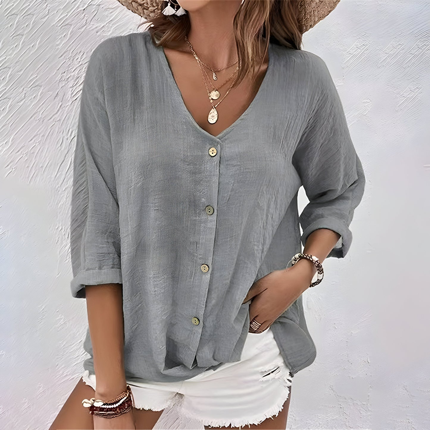 Colette | Relaxed Button Up Blouse with V Neck Loose Fit