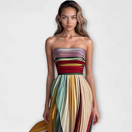Rylee | Women’s Pleated Rainbow Maxi Dress With Strapless