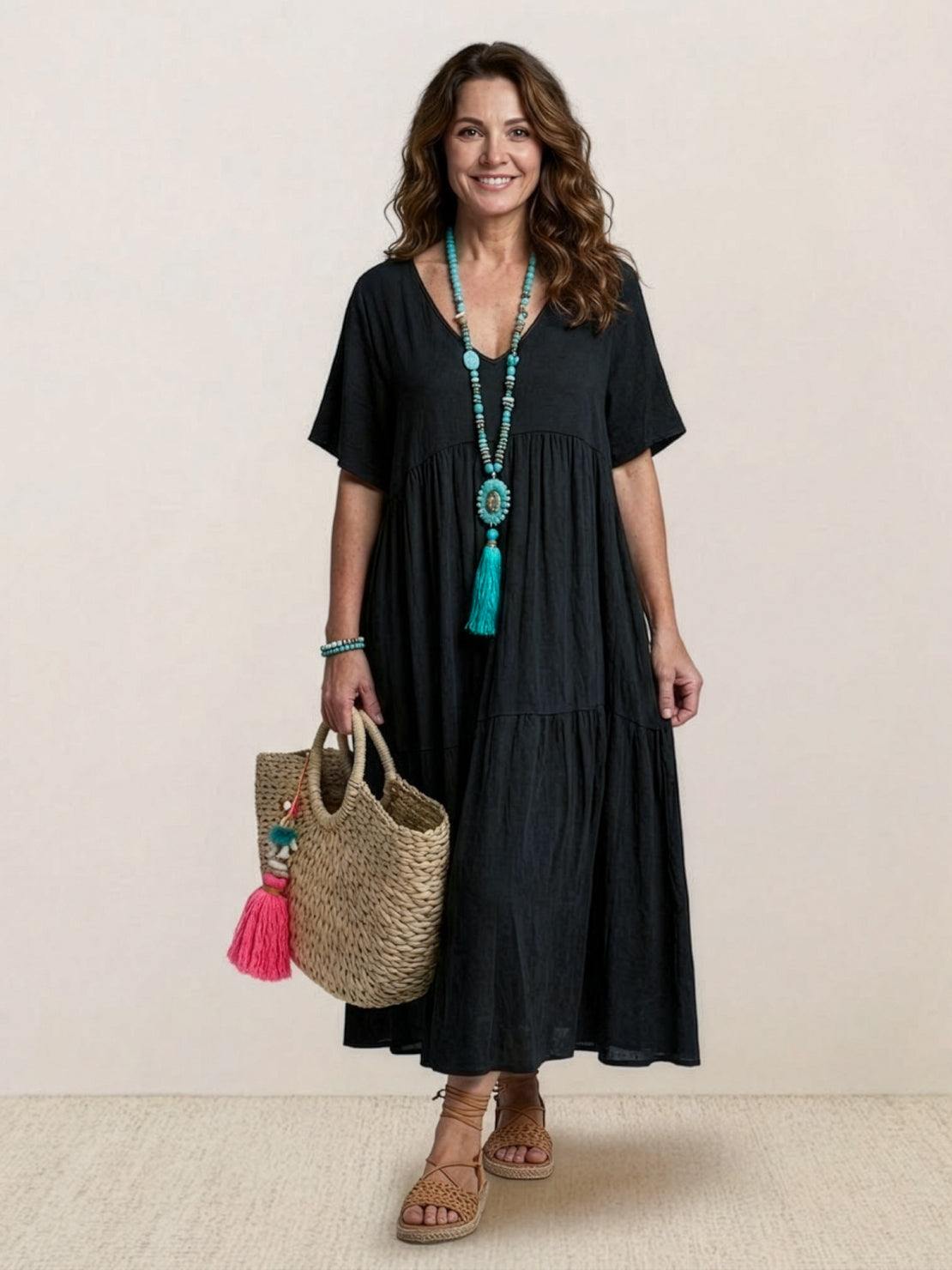 Delilah | Women’s boho tiered maxi dress with V neck