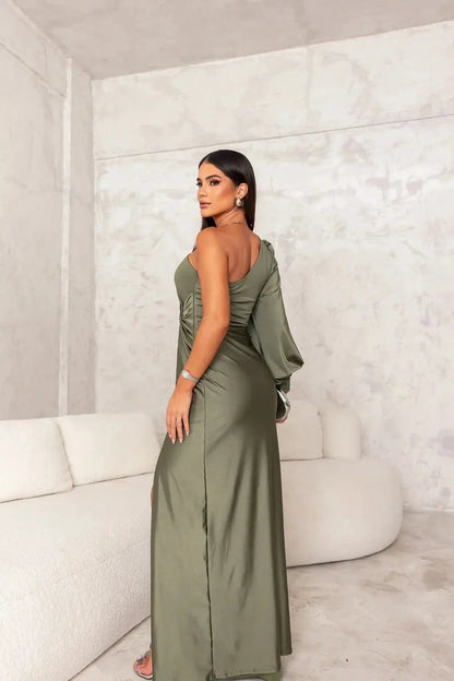 Monroe | One shoulder maxi dress with draped sleeve slit
