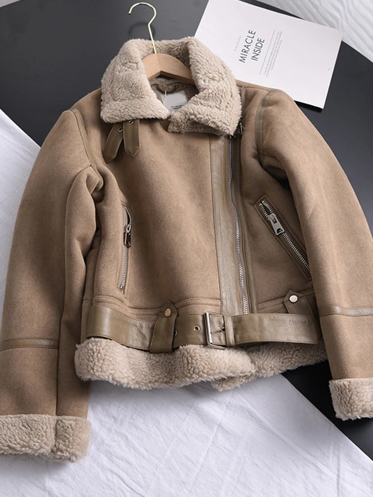 Natalie | Women's Short Shearling Jacket with Belted Hem