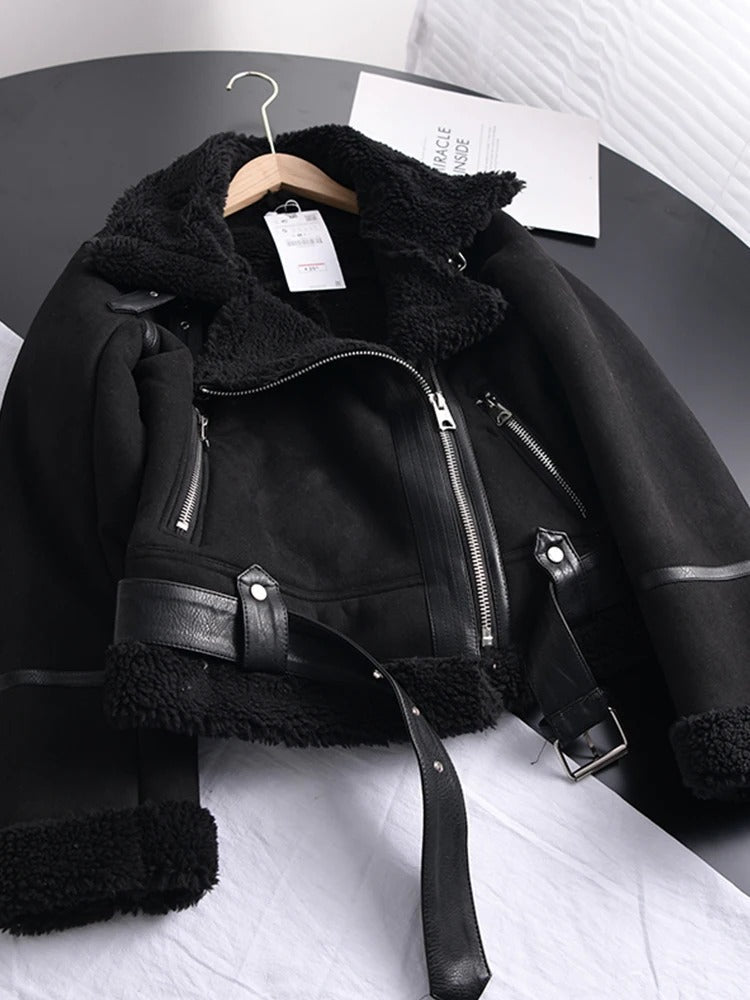 Natalie | Women's Short Shearling Jacket with Belted Hem
