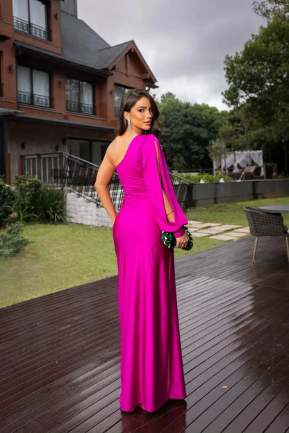 Monroe | One shoulder maxi dress with draped sleeve slit