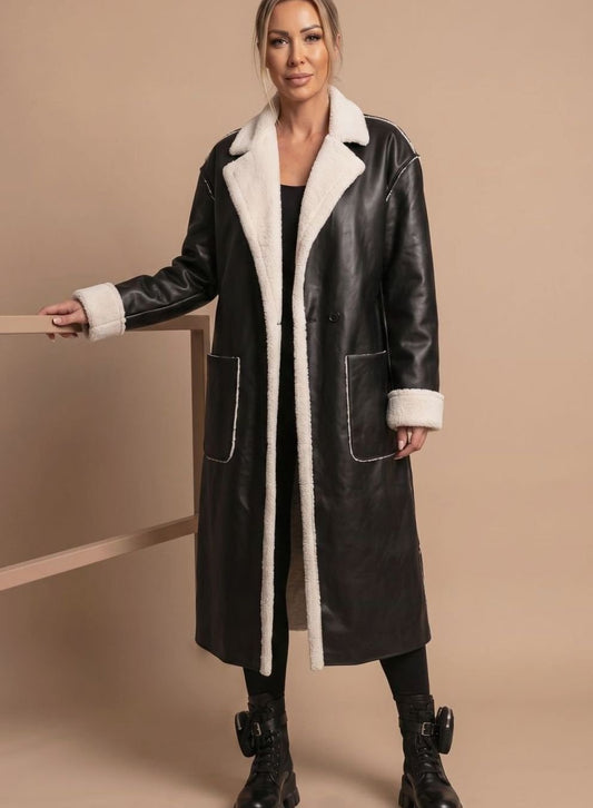 Kathleen | Women's Long Faux Leather Fleece Coat