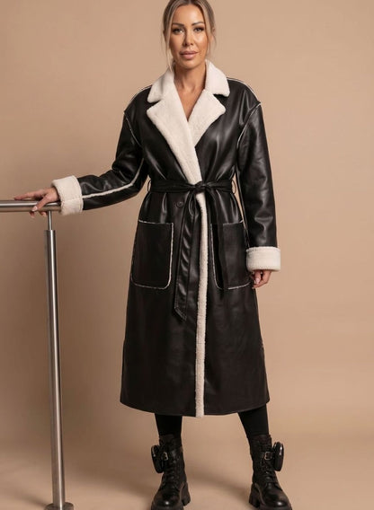 Kathleen | Women's Long Faux Leather Fleece Coat
