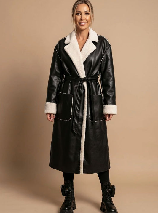 Kathleen | Women's Long Faux Leather Fleece Coat