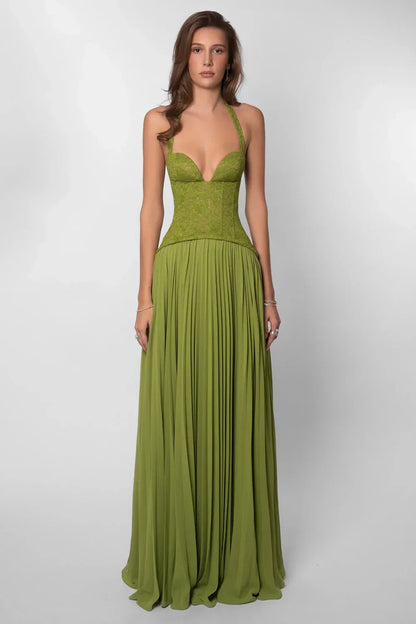 Charlotte | Women Maxi Wedding Guest Dress with Halter Neck and Pleats