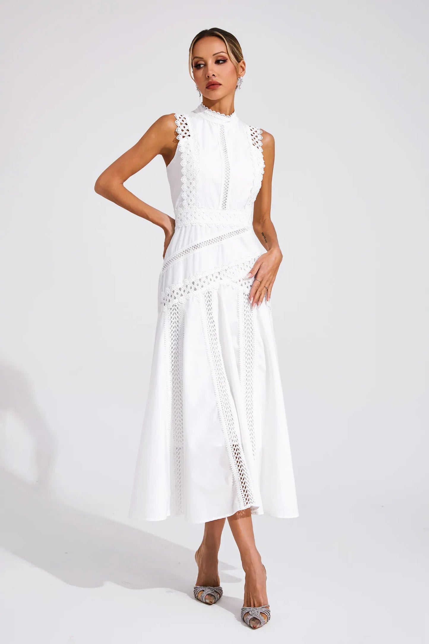 Ava | Women Wedding Guest Midi Dress with Lace and Sleeveless Fit