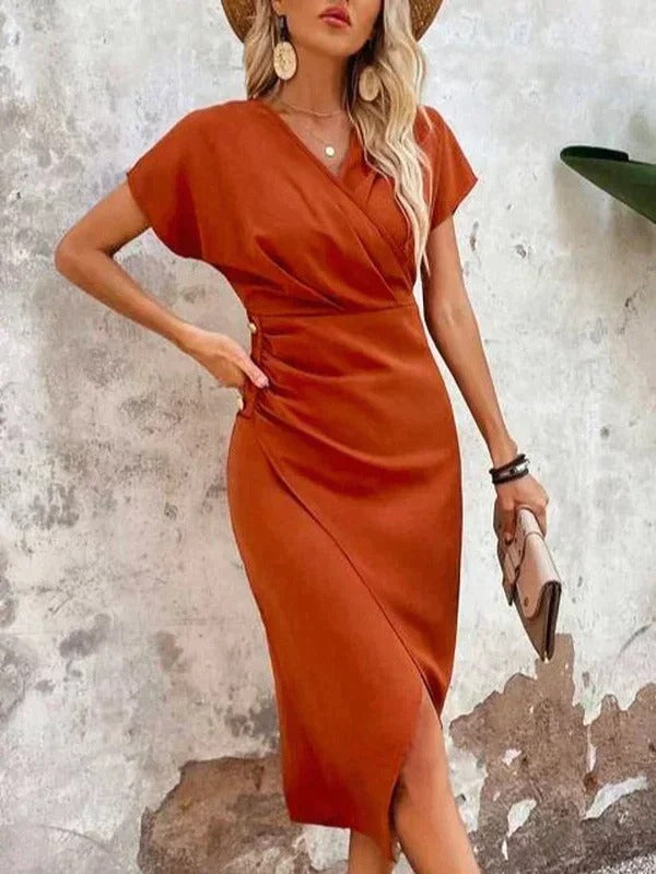 Isabella | Women Midi Wedding Guest Dress with Wrap and V Neck