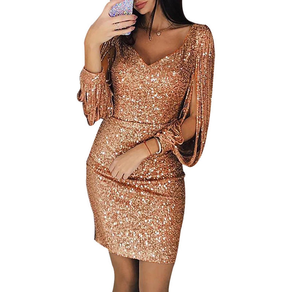 Ottilie | Women's Bodycon Cocktail Dress with Tassel-Sleeve and Sequin Details
