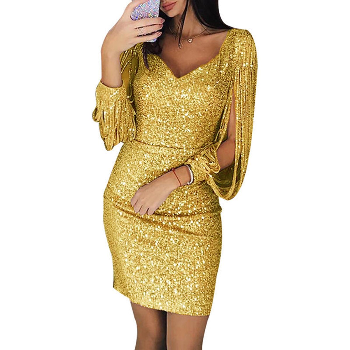 Ottilie | Women's Bodycon Cocktail Dress with Tassel-Sleeve and Sequin Details