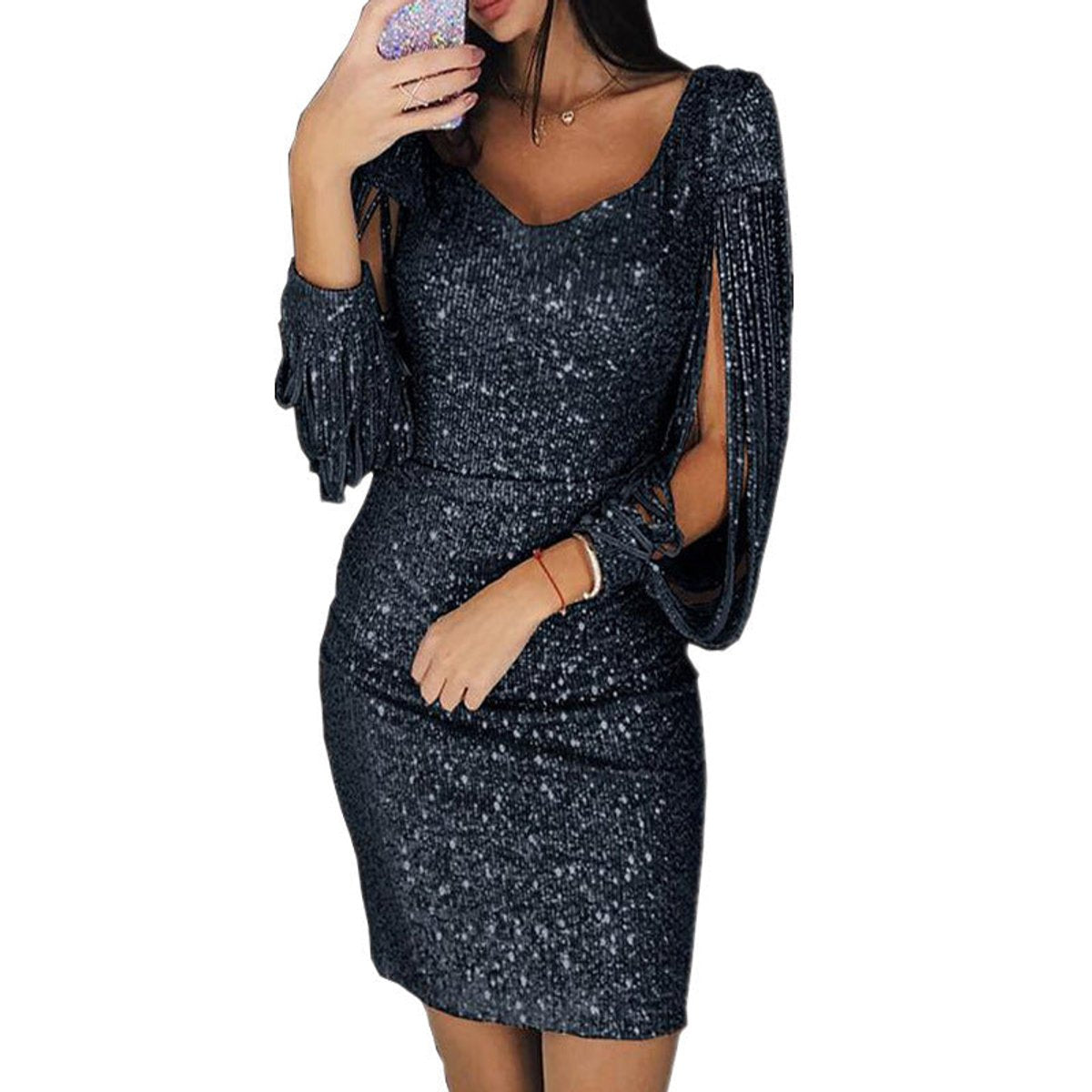 Ottilie | Women's Bodycon Cocktail Dress with Tassel-Sleeve and Sequin Details