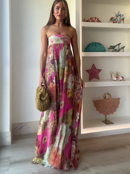 Mia | Women Maxi Wedding Guest Dress with Strapless Floral
