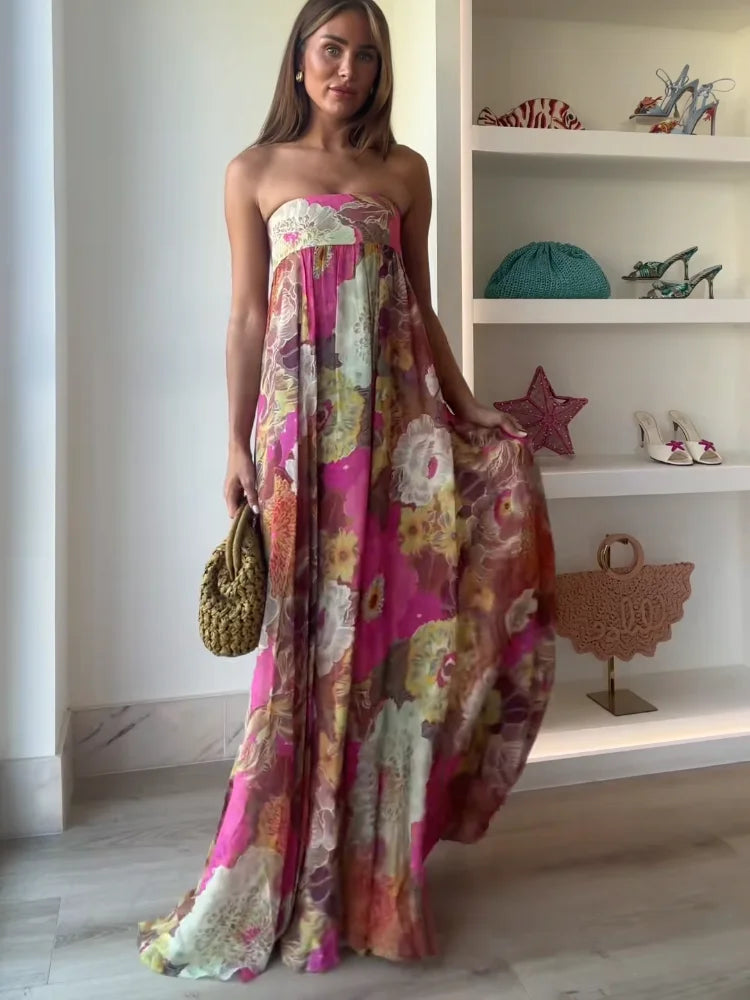 Mia | Women Maxi Wedding Guest Dress with Strapless Floral