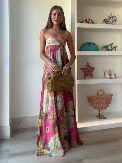 Mia | Women Maxi Wedding Guest Dress with Strapless Floral