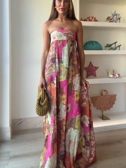 Mia | Women Maxi Wedding Guest Dress with Strapless Floral