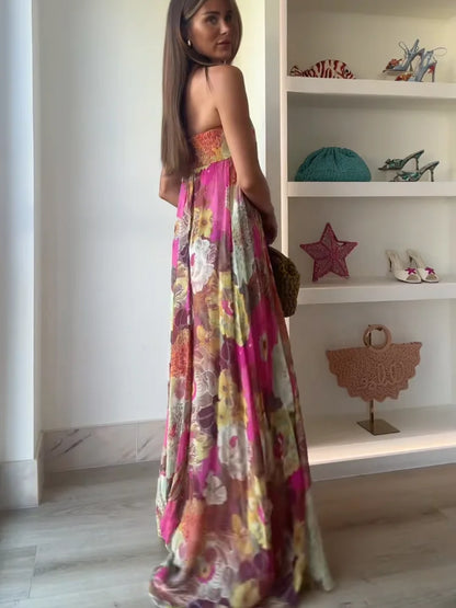 Mia | Women Maxi Wedding Guest Dress with Strapless Floral