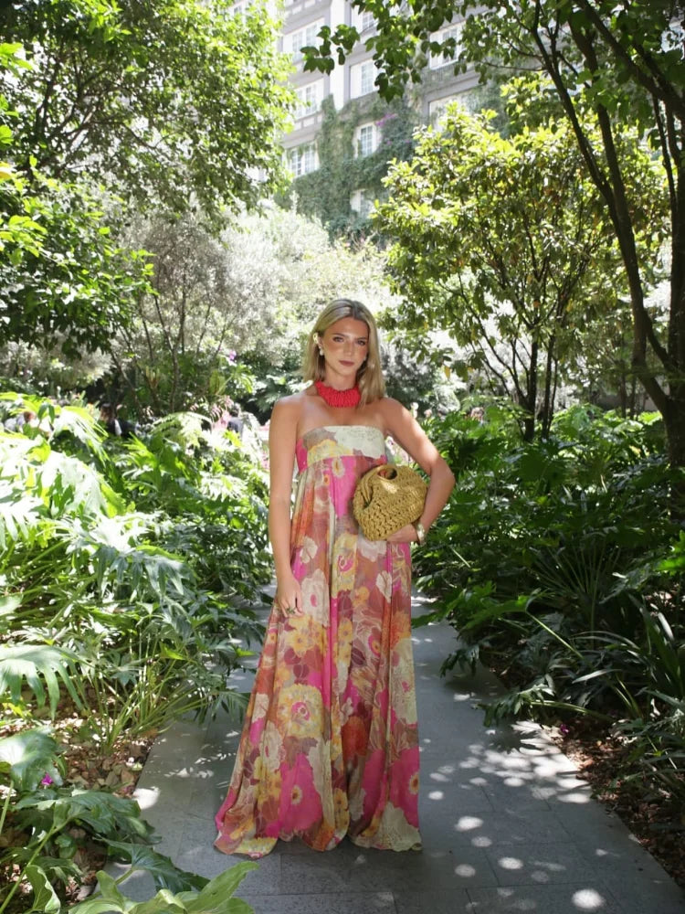 Mia | Women Maxi Wedding Guest Dress with Strapless Floral