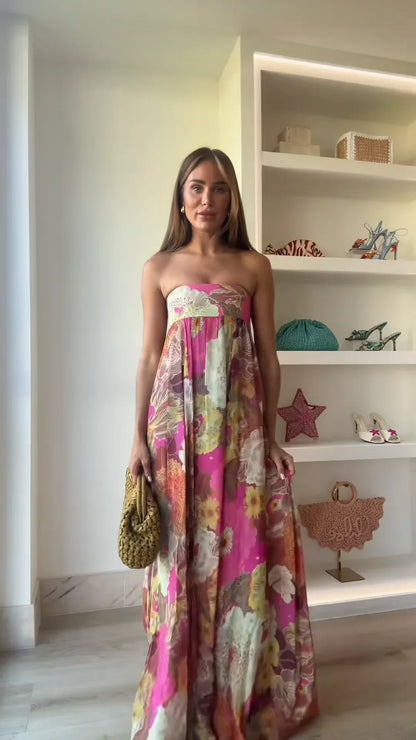 Mia | Women Maxi Wedding Guest Dress with Strapless Floral
