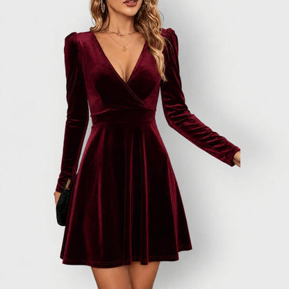 Antonina | Women's Long-Sleeve Velvet Skater Dress with V-Neck for Parties