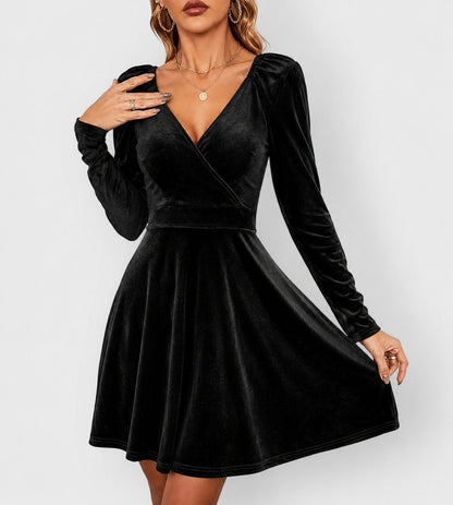 Antonina | Women's Long-Sleeve Velvet Skater Dress with V-Neck for Parties