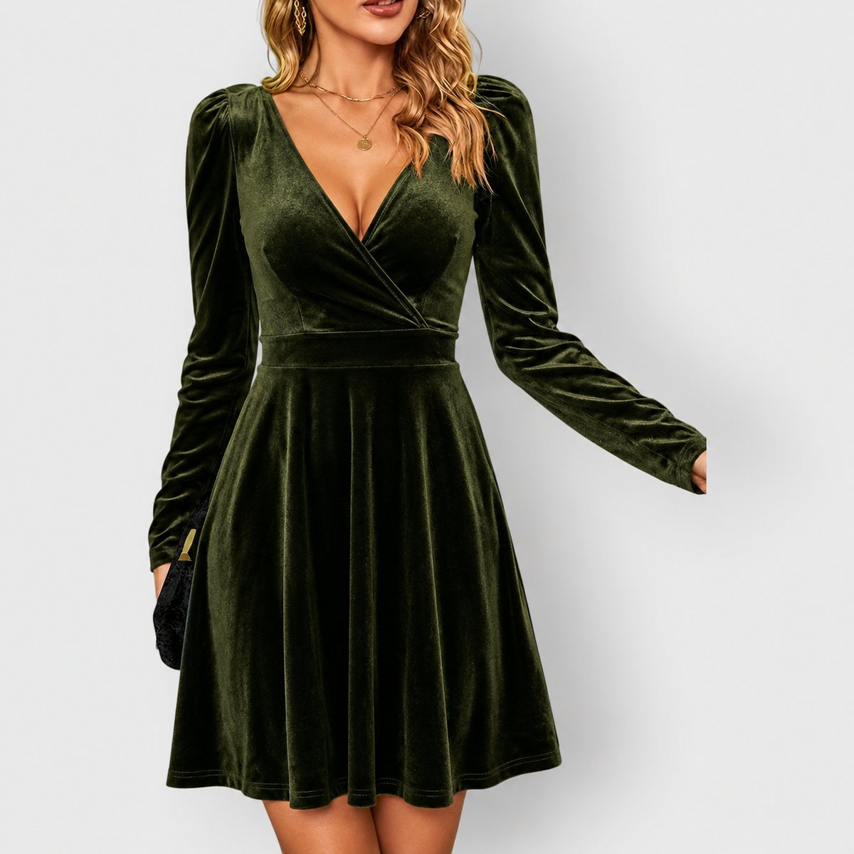 Antonina | Women's Long-Sleeve Velvet Skater Dress with V-Neck for Parties