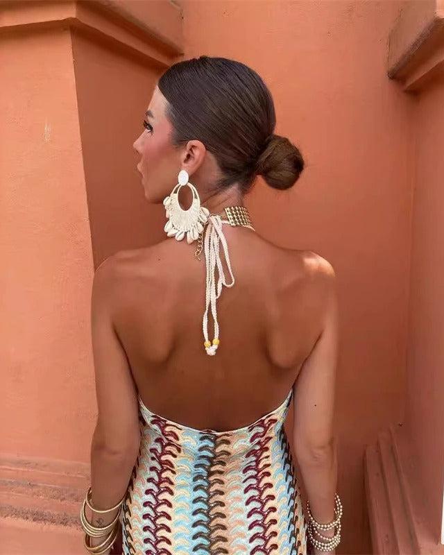 Ivy | Women’s patterned wedding guest dress with halter neck