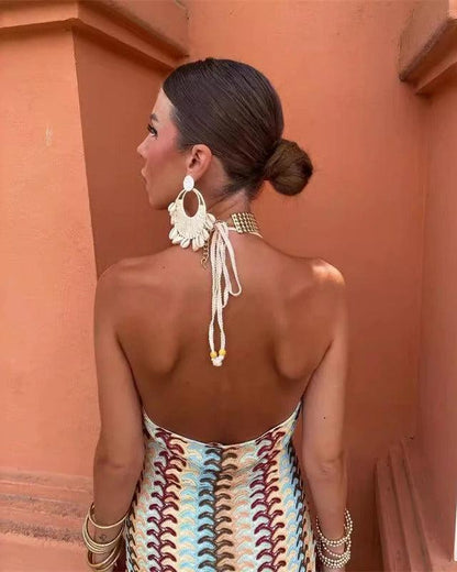 Ivy | Women’s patterned wedding guest dress with halter neck