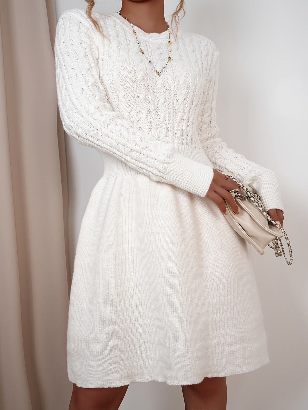 Stephanie | Women's A-Line Mini Cable Knit Sweater Dress