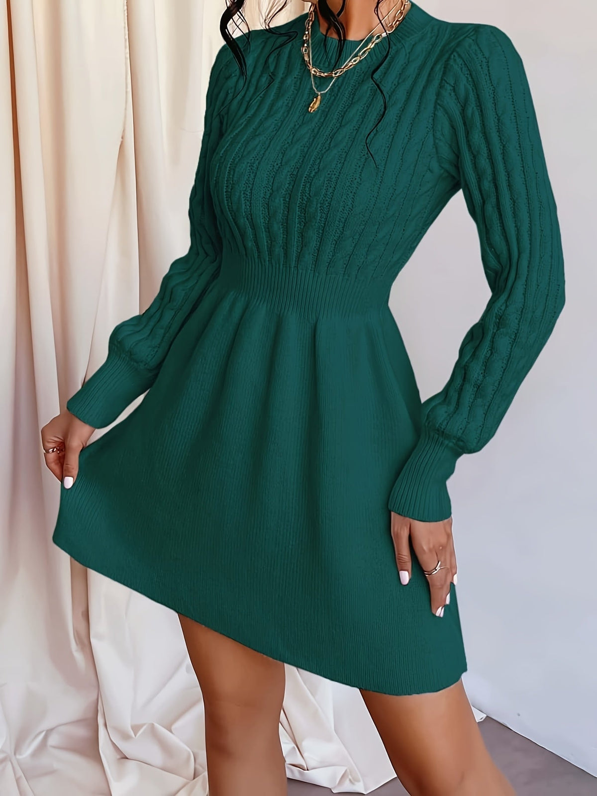 Stephanie | Women's A-Line Mini Cable Knit Sweater Dress